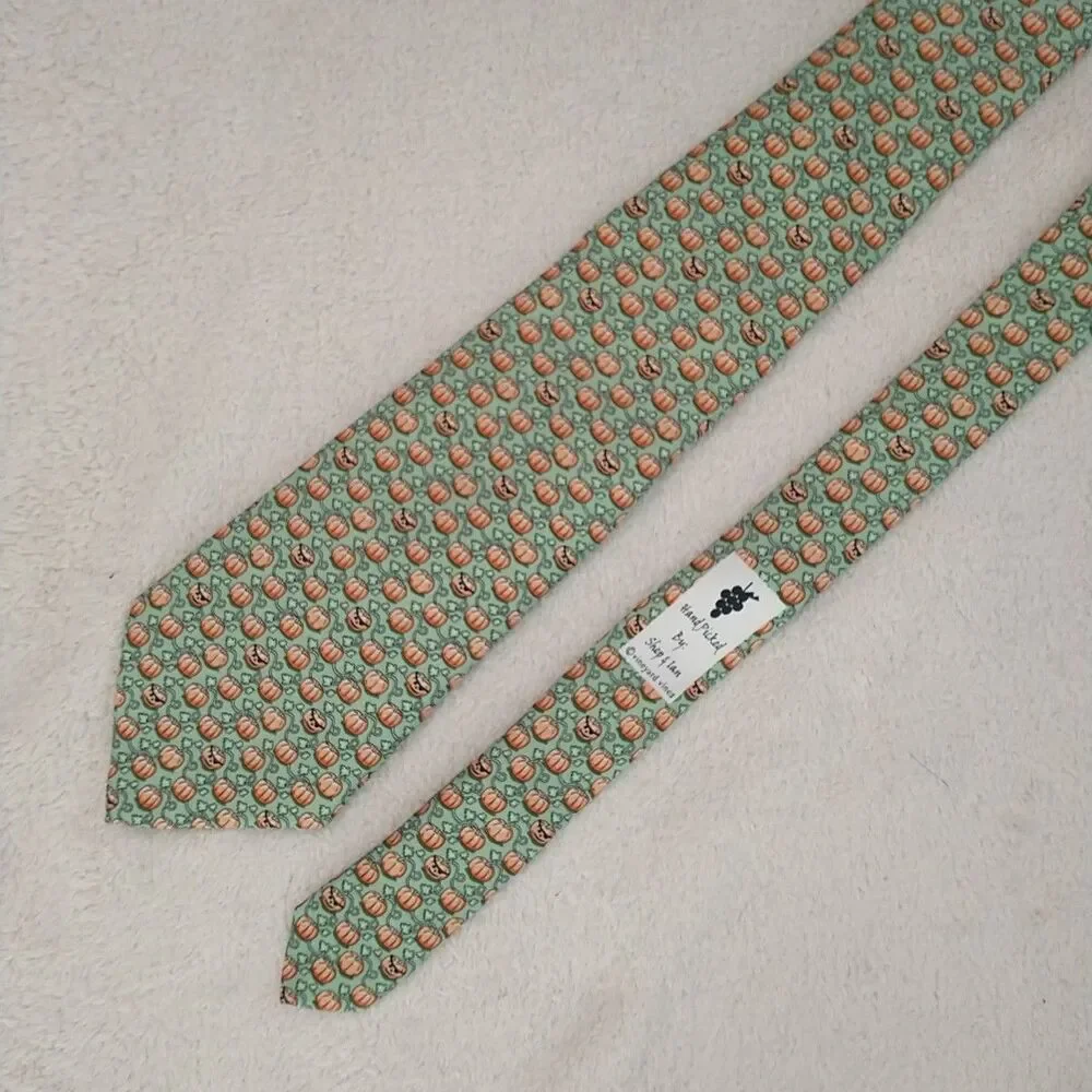 Vineyard Vines Necktie Tie Youth Boy Silk Green Orange Pumpkin Halloween Fall49